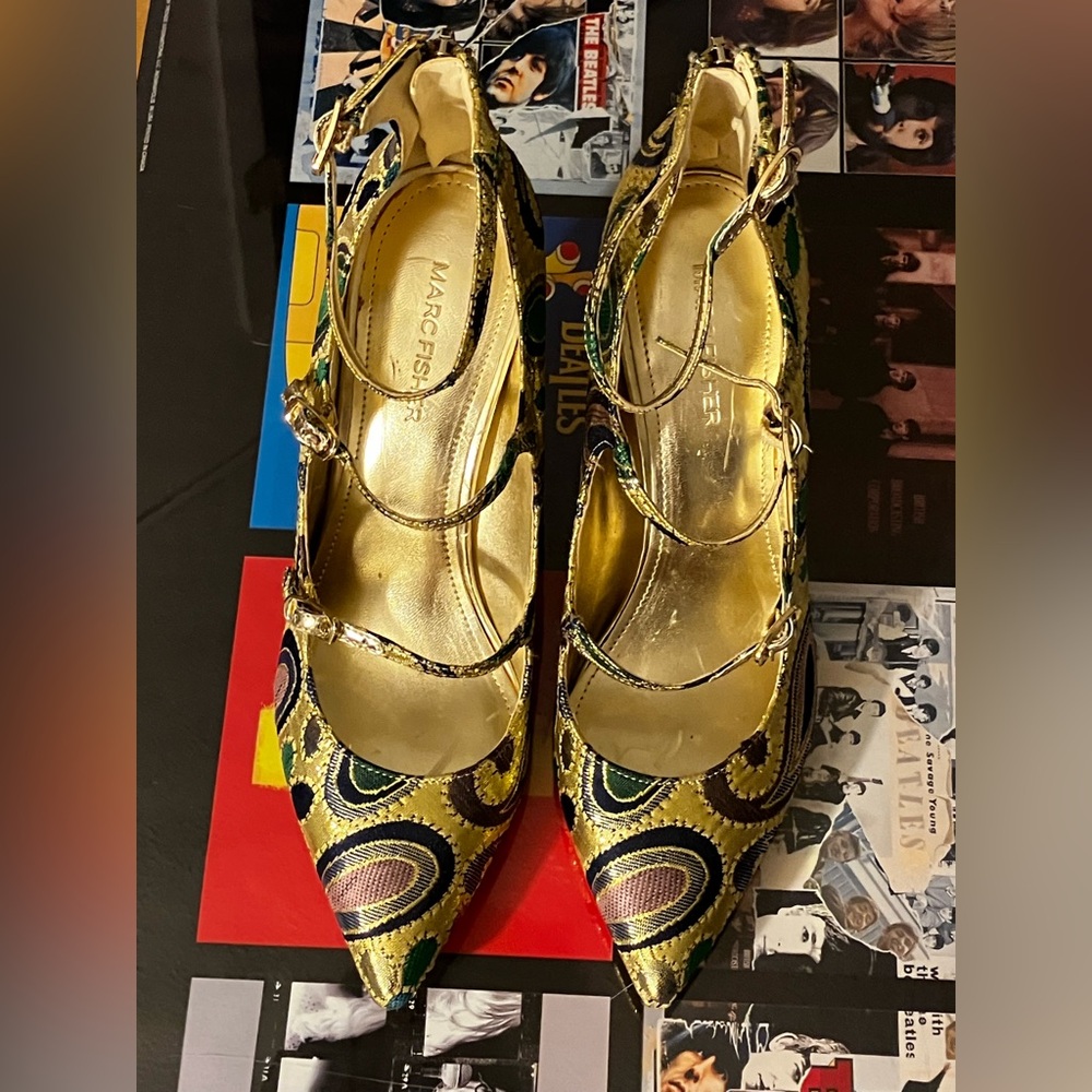 Marc Fisher Gold Multicolor Brocade Pointed-Toe Mary Jane Heels - Picture 9 of 9